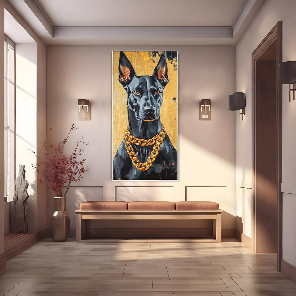 Tablou canvas cu tablou canvas cu doberman negru, in rama de aluminiu argintiu